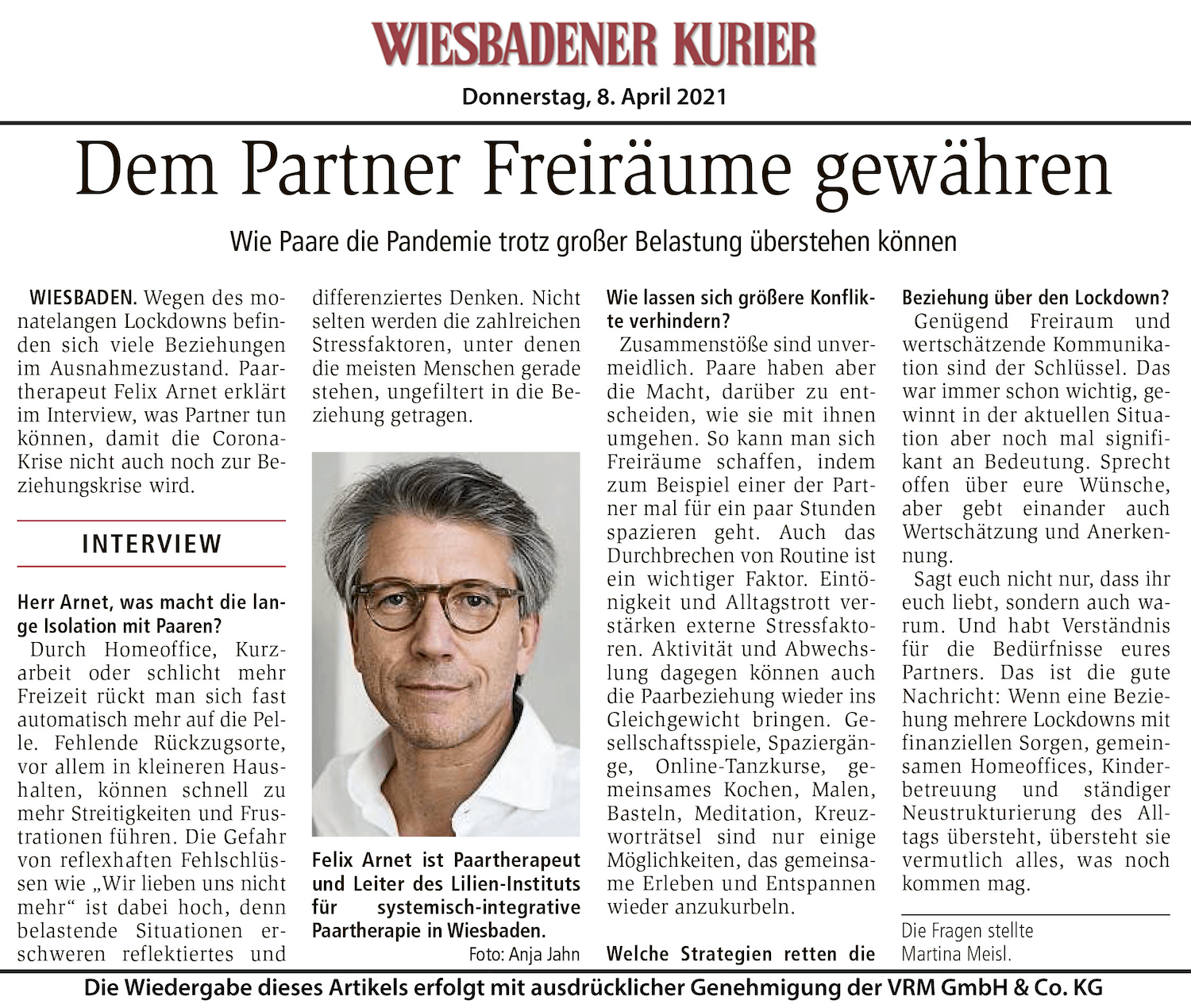 Zeitungsartikel - Wiesbadener Kurier - Interview - Dem Partner Freiräume gewähren - Pandemie überstehen als Paar- Lilien Institut Paartherapie Wiesbaden